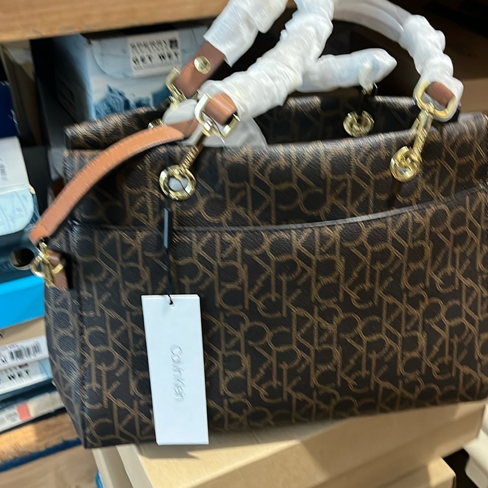 Brown Gold Satchel Handbag by Calvin Klein Sonoma Signature Satchel NEW